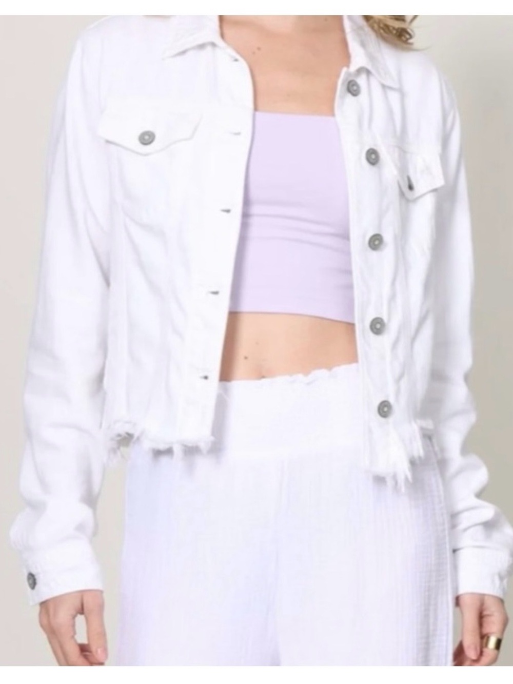 White Distressed Cropped Jean Jacket - Women